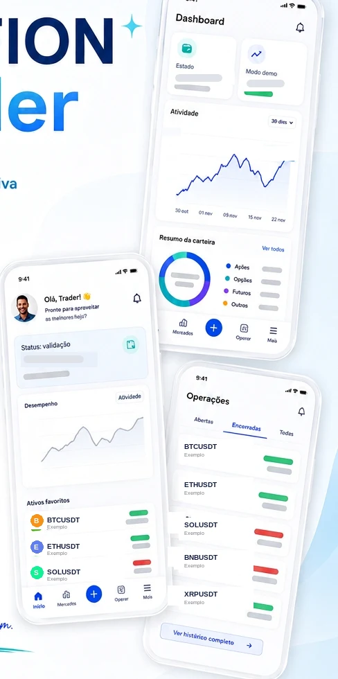 Telas do aplicativo SHEFION Trader com estado operacional e gráficos sem valores financeiros